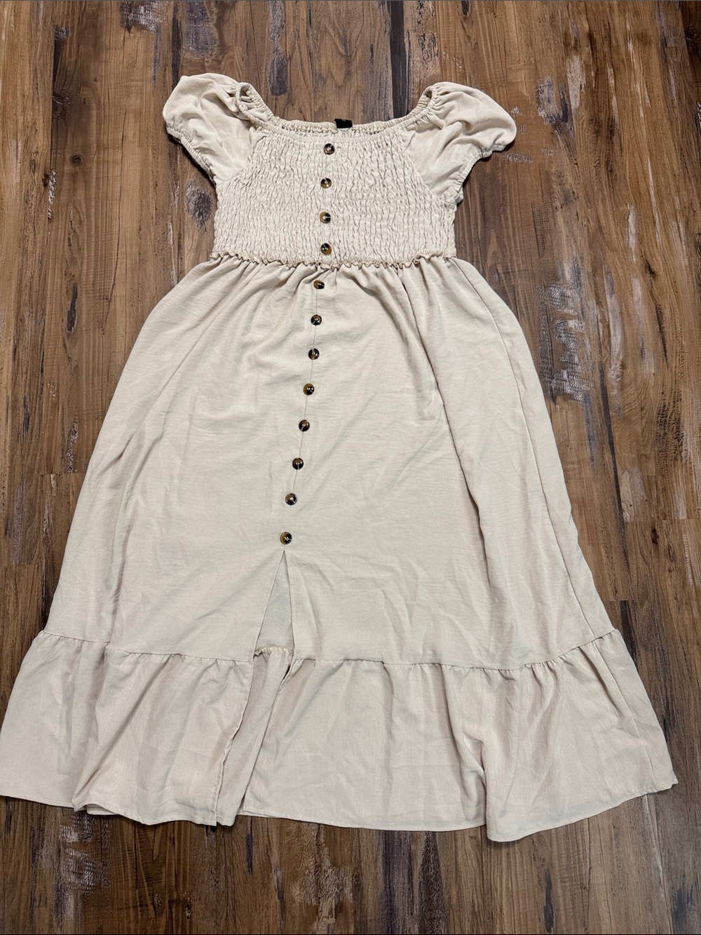 Cream Button-Front Smocked Midi Dress